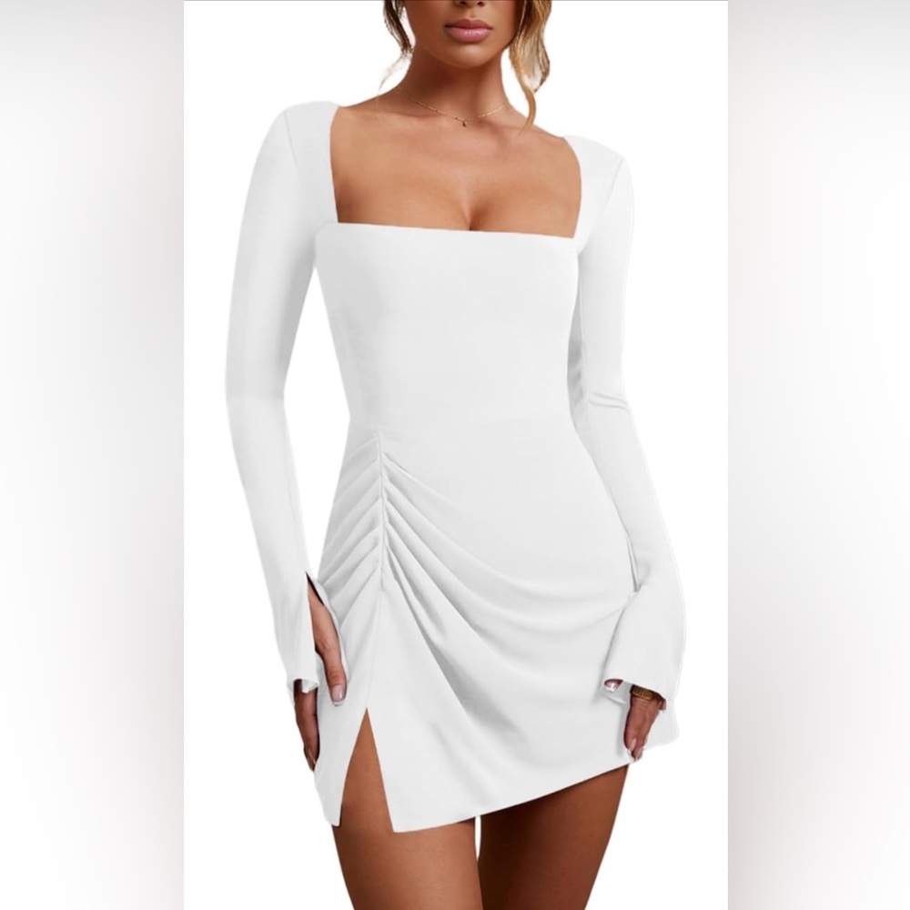 White Square Neck Long Sleeve Dress with Draped Detail